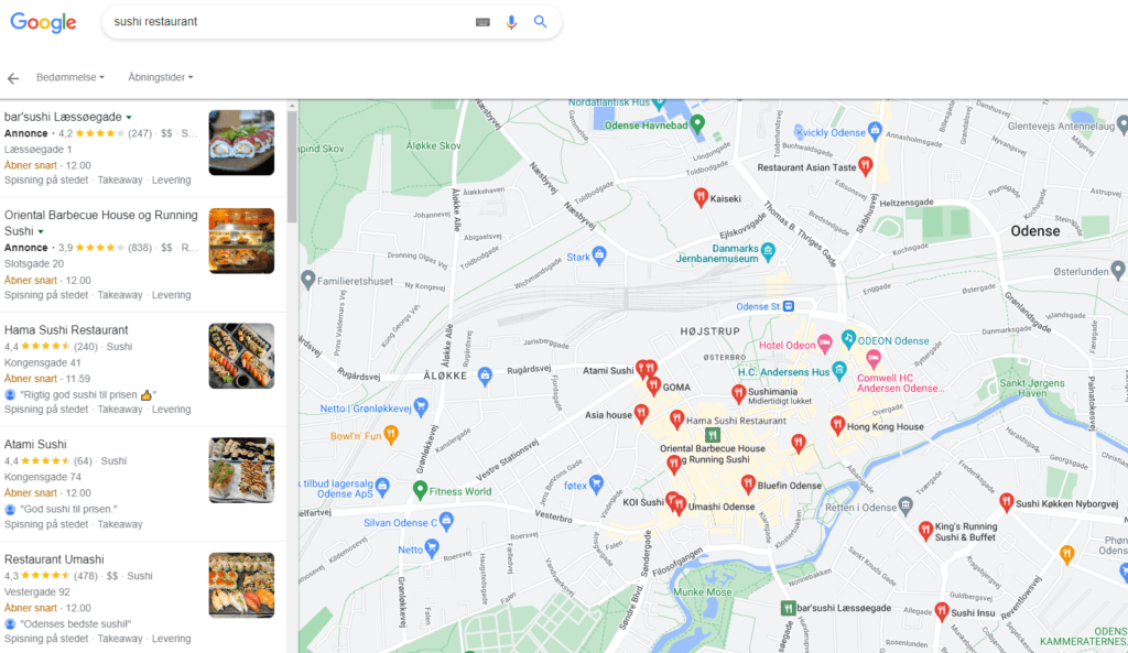 Lanndkort over lokale sushi steder i Odense