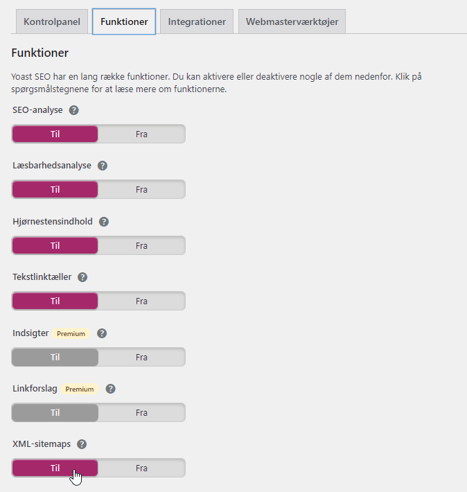 Screenshot af indstillinger til Yoast sitemap