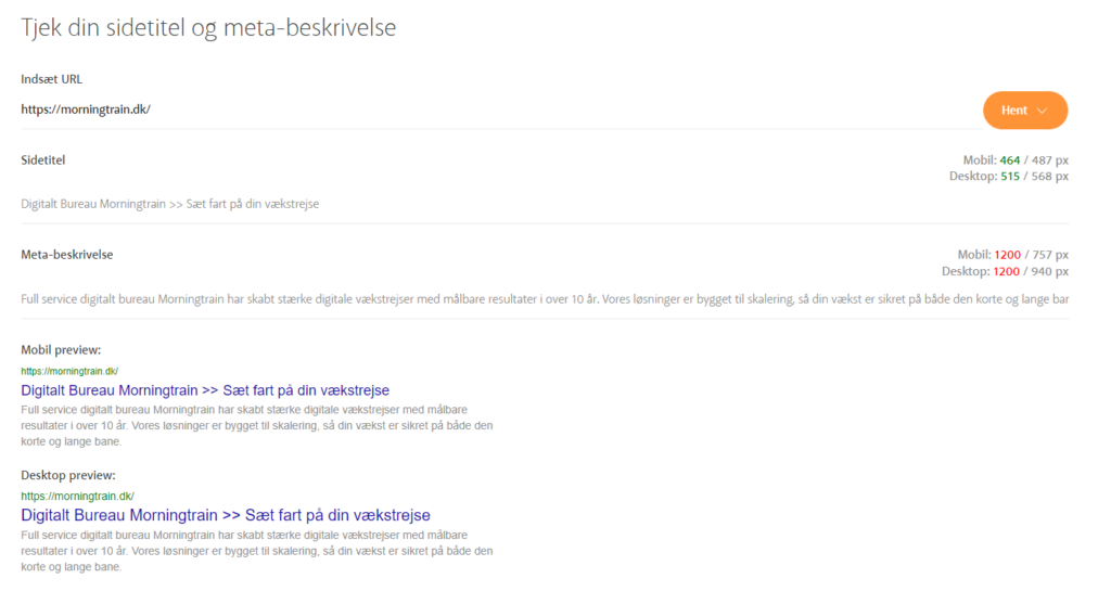 Screenshot af Morningtrains meta tjekker